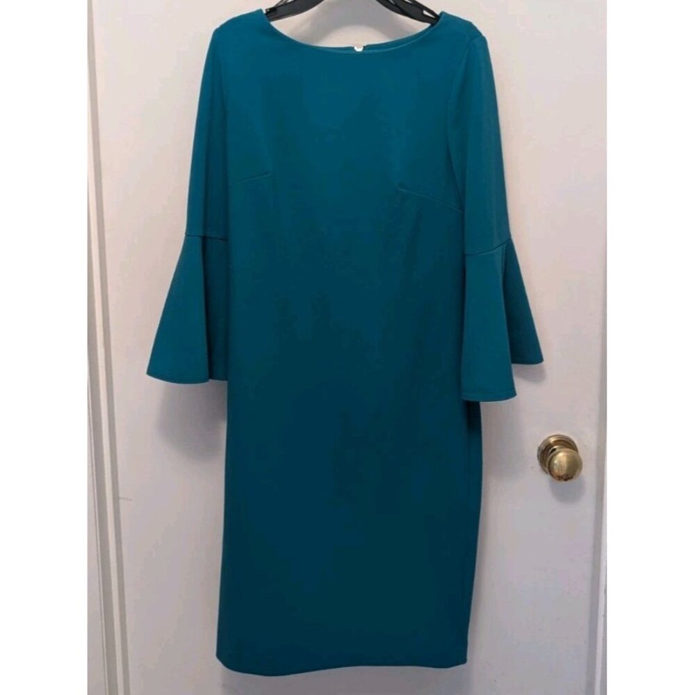 Calvin Klein, Blue/Teal Back Zip Sheath Dress with Bell Sleeves, Size 8